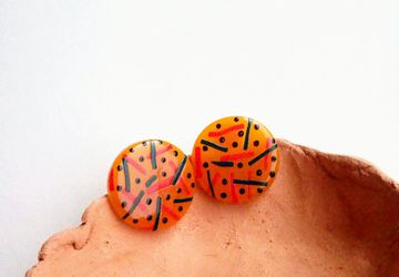 Big circle yellow studs, dotty studs, dotty earrings, striped earrings, geometric studs, hippie studs, trendy studs, studs with stripes