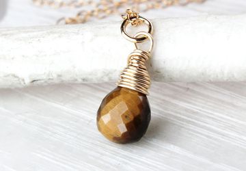 Tiger Eye  Necklace Gold Filled Gemstone Jewelry  Small Drop Necklace