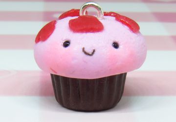 Handmade kawaii hearts cupcake charm for friend, Miniature pink cupcake with red hearts on top with smiling face planner charm