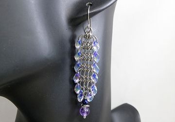 Purple Amethyst and Glass & Stainless Steel Chain Mail LONG Earrings