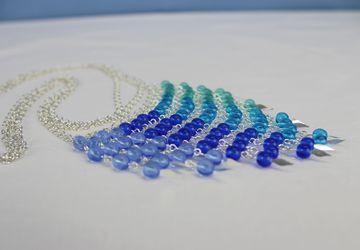 Czech glass bead long fringe necklace with silver plated chain and findings, blues and greens