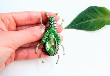 Insect brooch (handmade brown and green tones insect brooch with glass crystal made from polymer clay)