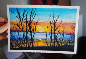 Original Sunset Beach Landscape Watercolor Illustration. Summer. Home Decor. Wall Art. Painting. Orange. Blue