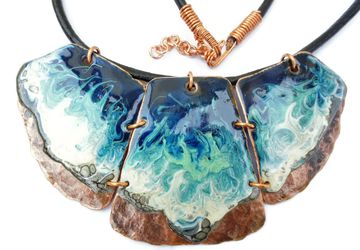 Copper pendant, blue wave hand painted with black leather cord