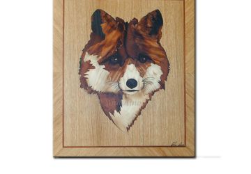 Original red Wooden cute fox animal art marquetry woodwork by Andulino