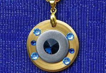 NECKLACE, Pendant, BRASS, Stainless STEEL ,Industrial Design,  Gold, Blue Swarovski Crystals,