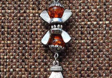 NECKLACE, EYECATCHER, SILVER Pendant, Healing Hand Charm, Stainless Steel, Amber, Glass Beads, Wing Nuts, Industrial Design,