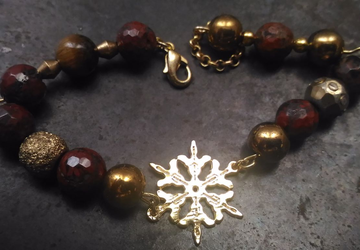 Goldplated snowflake bracelet,gemstone bracelet with gold hematite,faceted red jasper and tigereye,christmas gift,lace metal jewelry