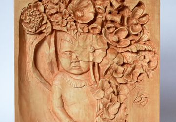 Wild Garden wood relief, handmade carving, basswood sculpture, peach/orange