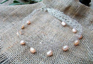 silver wire crochet pearl choker