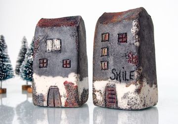 Art Raku fired Ceramic houses Handmade Unique Ceramics Architectural Home decor, raku pottery, Brown, black, gray and white