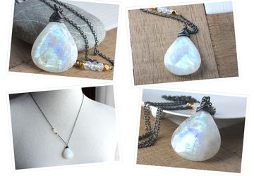 Rainbow Moonstone Necklace Oxidized Silver June Birthstone