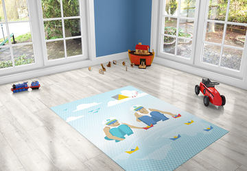 Boys with boats, PVC Carpet print, kids Room Decor ,Boys Carpets, Boys Nursery Art, Gift for Boys, kids linoleum rug, twin boys illustration