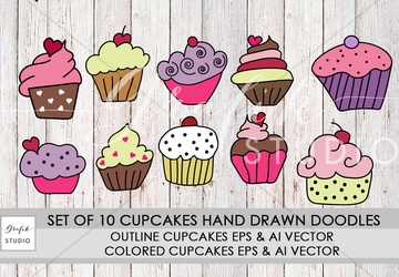 Set Of 10 Hand Drawn Cupcakes Doodle Vector