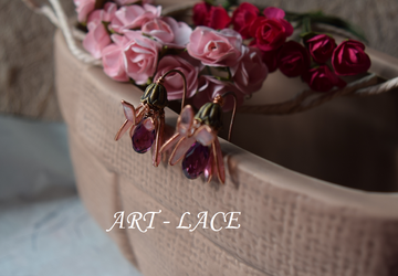 Rose gold earrings Pink flower with Swarovski crystal earrings Flower with long stem Bridal earrings pink