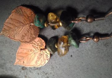 Copper engraved leaf earrings with citrine and green turquise