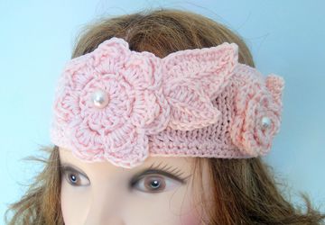 Beautiful Headband in Peach with Flowers and Glass Pearls