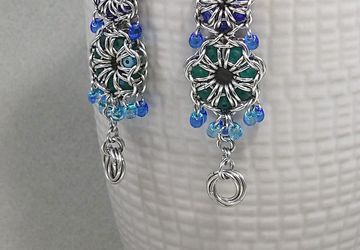 Blue&Teal Czech Crystals Captive in Chain Mail Stainless Steel Earrings
