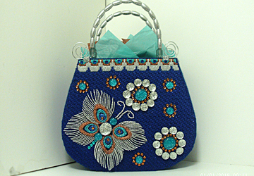 Unique Royal Blue and Sliver Jeweled Peacock Feathered Butterfly Tote bag