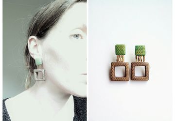 Polymer clay earrings; square earrings; polymer clay jewelry; statement earrings; stud earrings; brown & green earrings; geometric earrings;