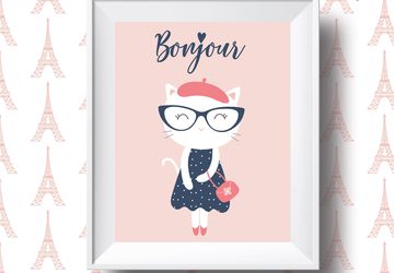 Bonjour, french cat print, children wall art