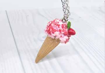 Chunky Strawberry shortcake waffle cone necklace for Perfect Summer, Cute miniature food jewelery for girls, Pink Ice cream pendant for kids