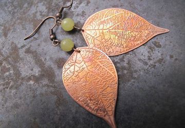 Copper engraved leaf earrings with lemon quartz