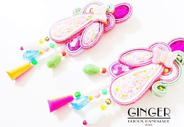 Hippie Colorful earrings, beaded frindge earrings, pink soutache earrings, boho pink earrings, free ship, textile earrings, kawaii earrings
