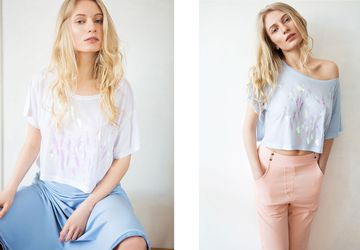 Blue crop top with pearlized fishes