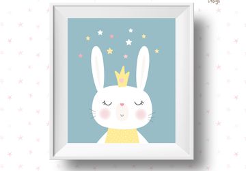 White rabbit with stars, children wall art