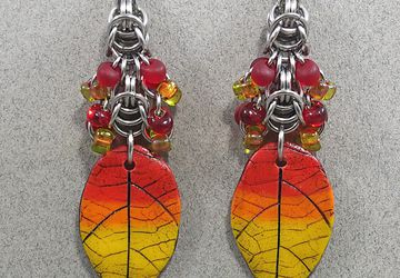 Fall Leaves Earrings with  Artisan Made Polymer clay components & Chainmail