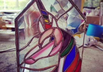 Hand Made OOAK Rainbow Unicorn Stained Glass Box w/ Miniature Fantasy Scene