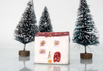 Little clay house with golden details, Christmas home decor, Handmade Red Ceramic House