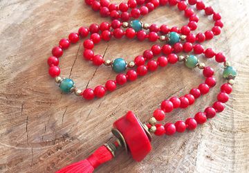 Red coral necklace, red coral pendant necklace, tassel mala necklace, knotted coral necklace, 108 bead mala, red jewelry, boho chic necklace, tassel necklace