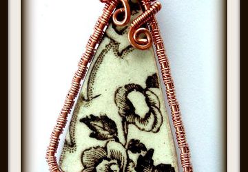 Brown Floral Beach Pottery-wire wrap weave pendant