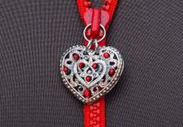 NECKLACE, VALENTINE HEART Pendant, OOAK, Silver, Red Swarovski Crystals, Zipper ART