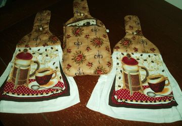 Coffee Design 5 Piece Hanging Towel Kitchen Gift Set Quilted Cotton Tops