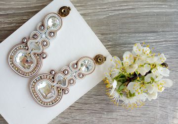 White and beige soutache earrings, Crystal earrings, Unique jewelry, Wedding gift, Dangle earrings, Women's gift idea