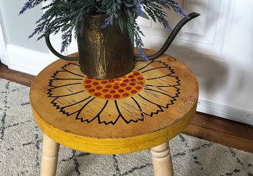 Vintage round stool | wood stool | vintage flower stool | primitive stool | Flower ottoman | sunflower bench | vintage yellow stool