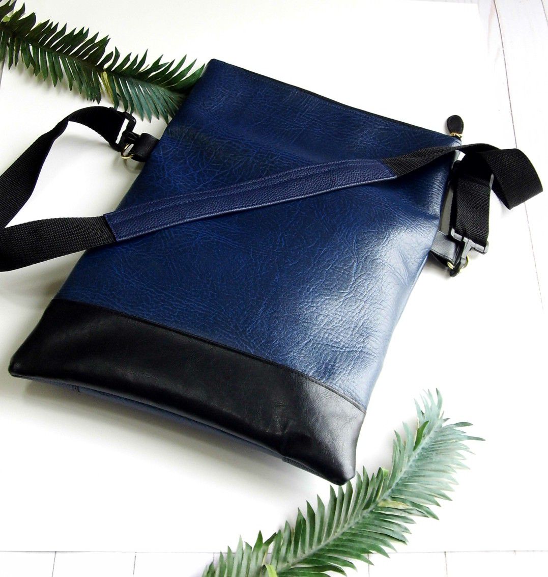 Vegan Crossbody Bag, Blue Crossbody Bag, Foldover Bag, Vegan Leather Shoulder Bag, Faux Leather ...